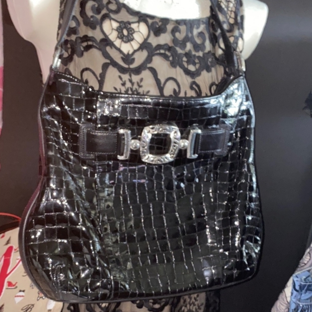 BRIGHTON Cher Black Patent Croc Embossed Leather Shoulder Bag Purse